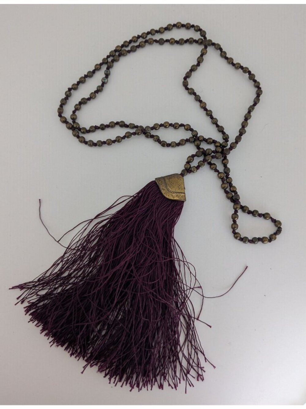 Boho Hippie Festival Vintage Brass Beaded Purple Tassel Long Necklace